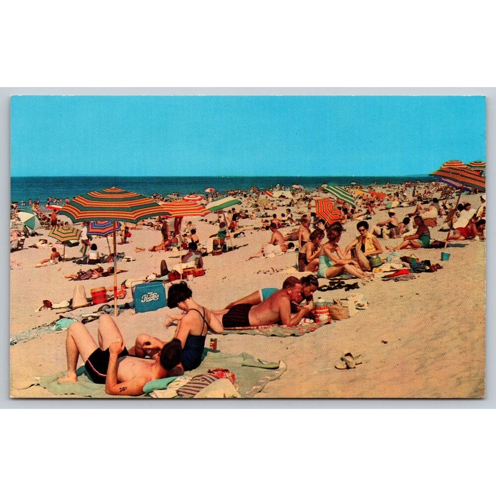 Vintage Postcard Beach Scene Sunbathers Umbrellas Sun Sand Blue Water Pepsi-Cola